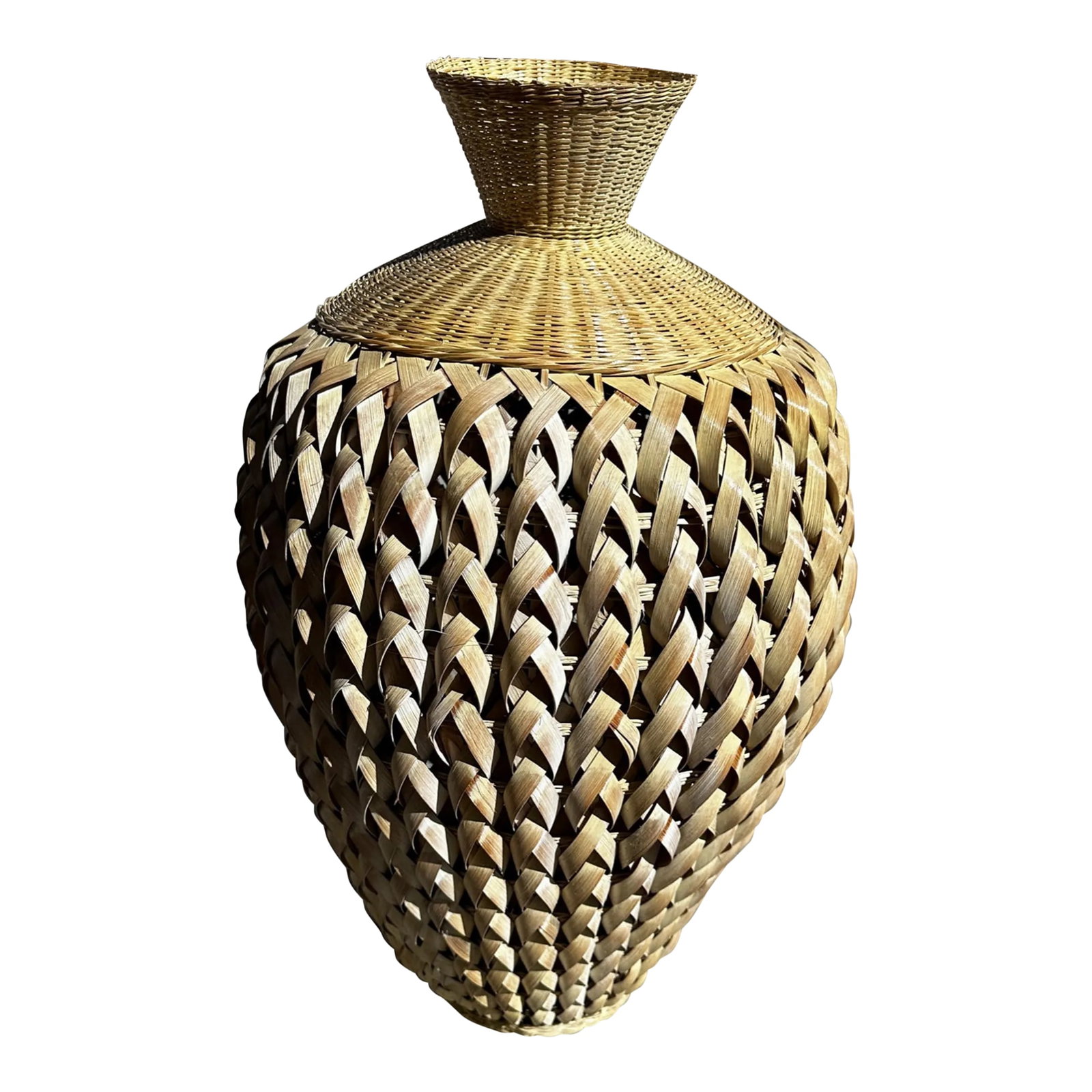 Large Woven Rattan Decorative Vase: Oversized Woven Rattan Decorative Vase, perfect for decorative branches/Sticks or just by itself clustered with other decorative baskets. 18in round x 31in h 9.5in base 7in opening Condition: Alterati