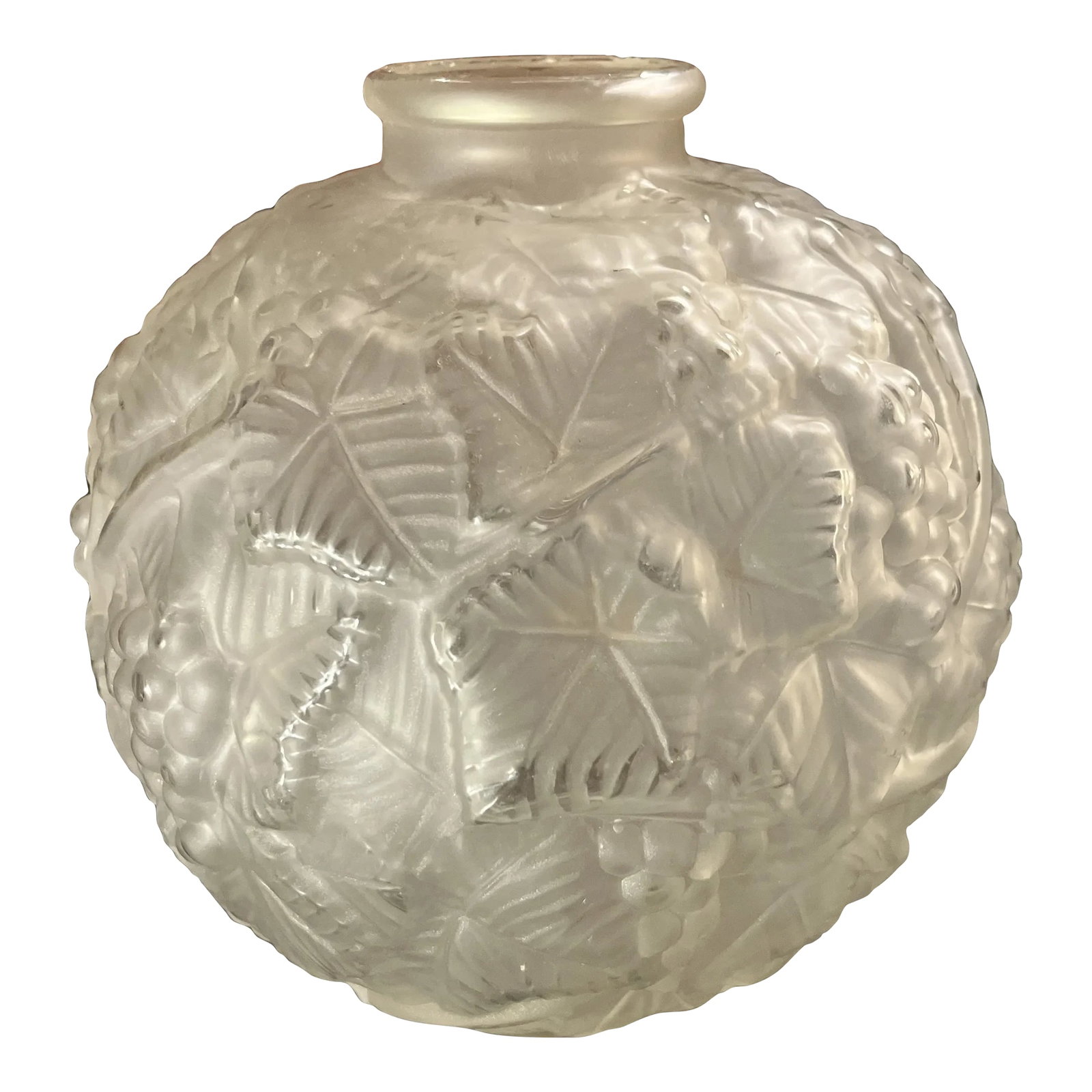 1920s Espaivet France Art Deco Acid Etched Glass Vase: Vase in acid-etched and brushed crystal glass, bowl shaped, with decoration of grapes and vine-shoots. Circa 1920. Signature: 'Espaivet France'. *Acquired from the Collection of John 'Parker'
