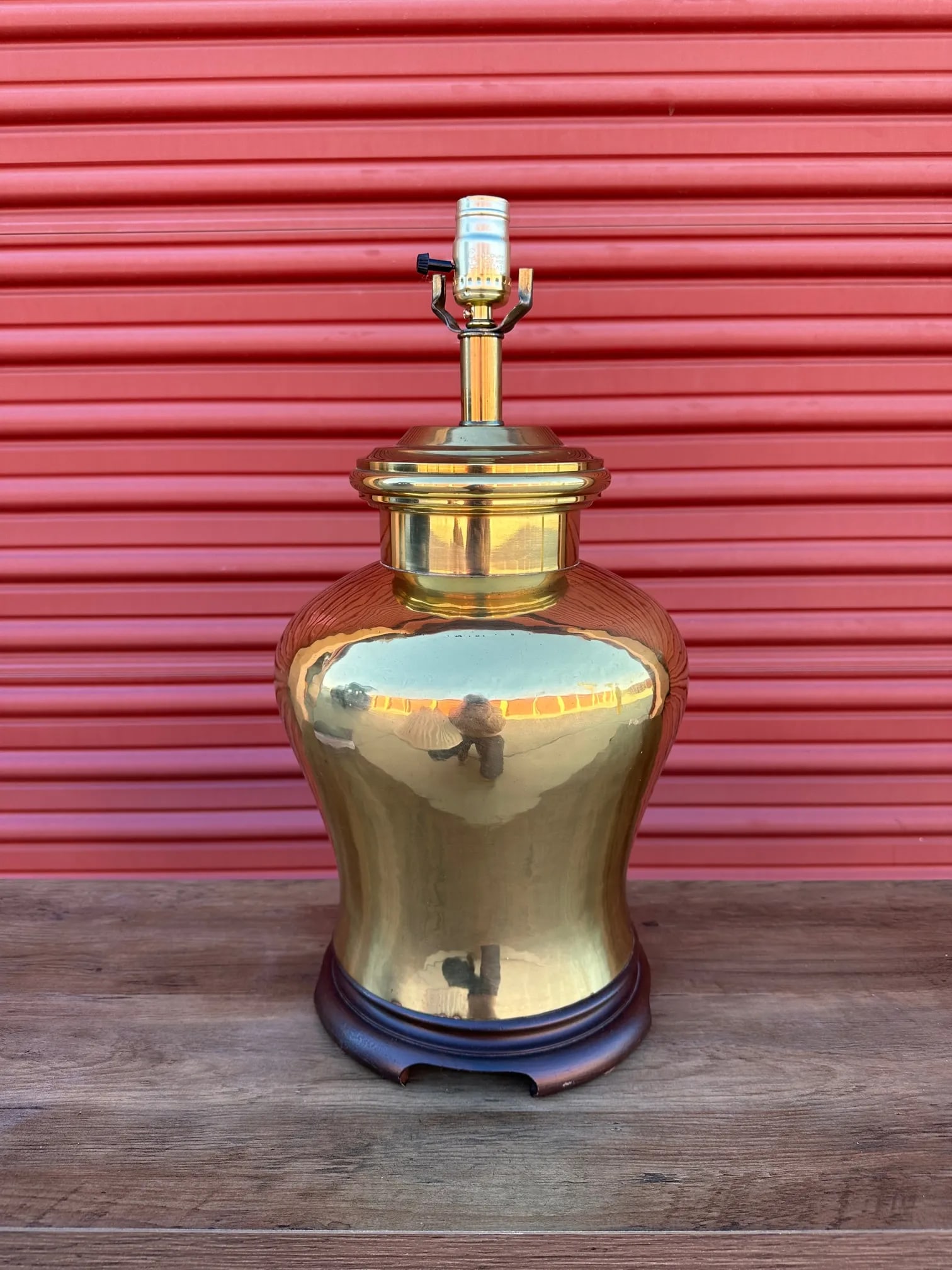 Vintage Large Brass Ginger Jar Table Lamp W/Shade - 2