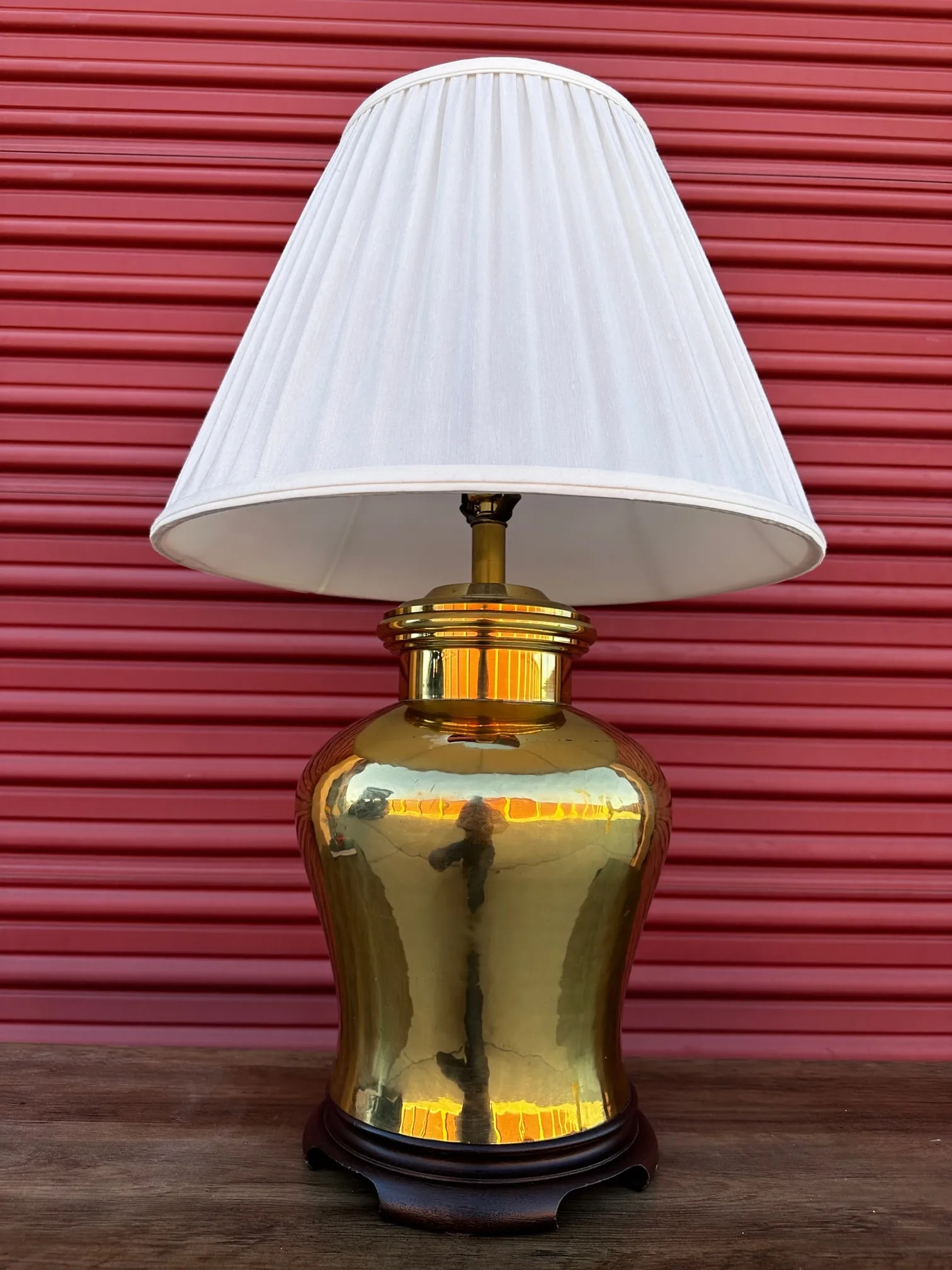 Vintage Large Brass Ginger Jar Table Lamp W/Shade - 3