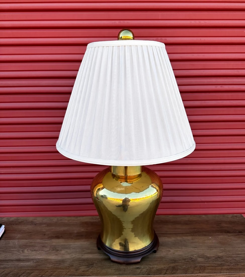 Vintage Large Brass Ginger Jar Table Lamp W/Shade - 6