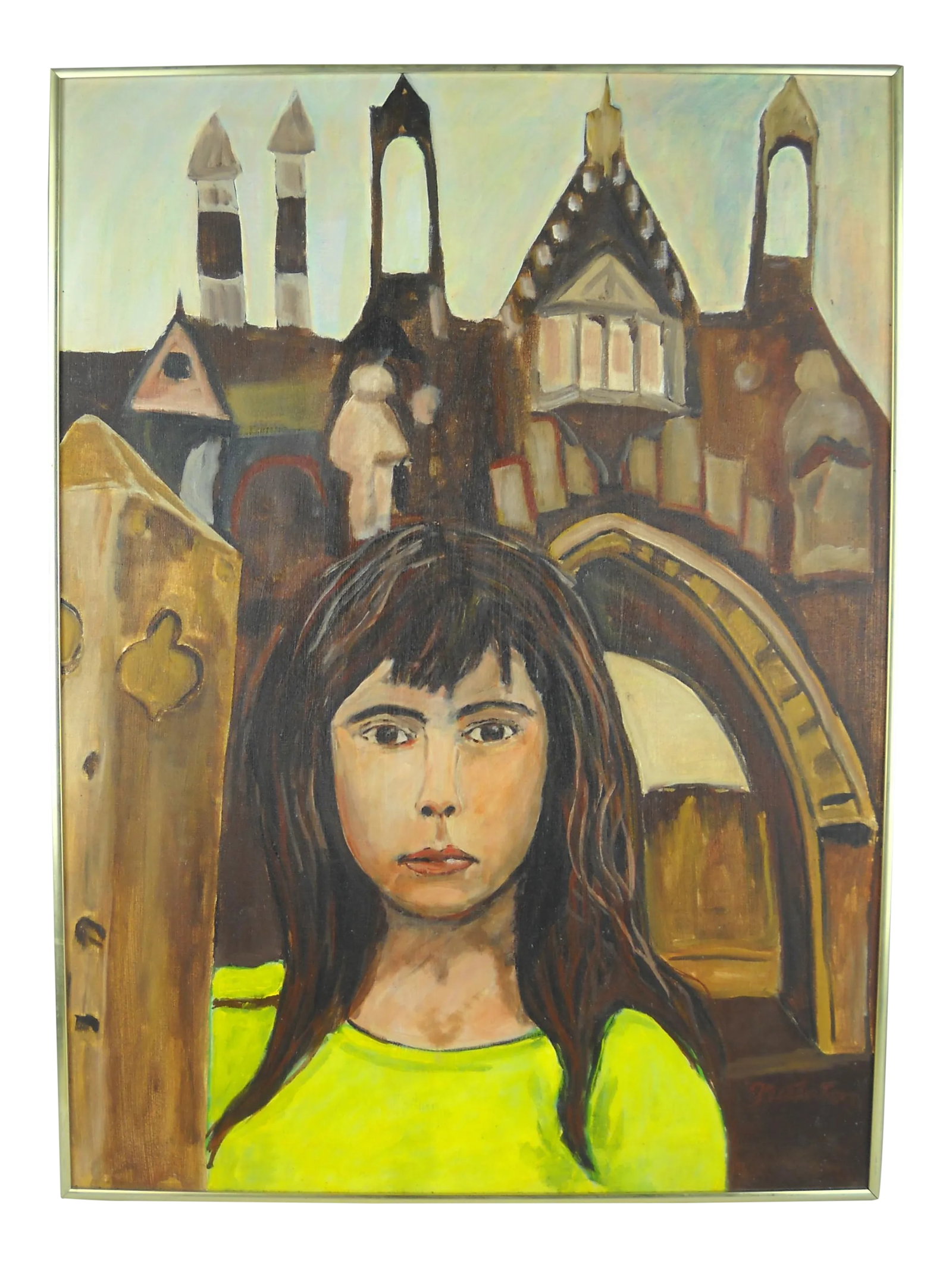 Portrait of Ines, Acrylic On Canvas Painting: Captivating portrait of Ines, a young girl against a Cathedral City backdrop, acrylic on canvas. Signed lower right-hand corner, signature illegible. Original frame with hanging hardware and wire