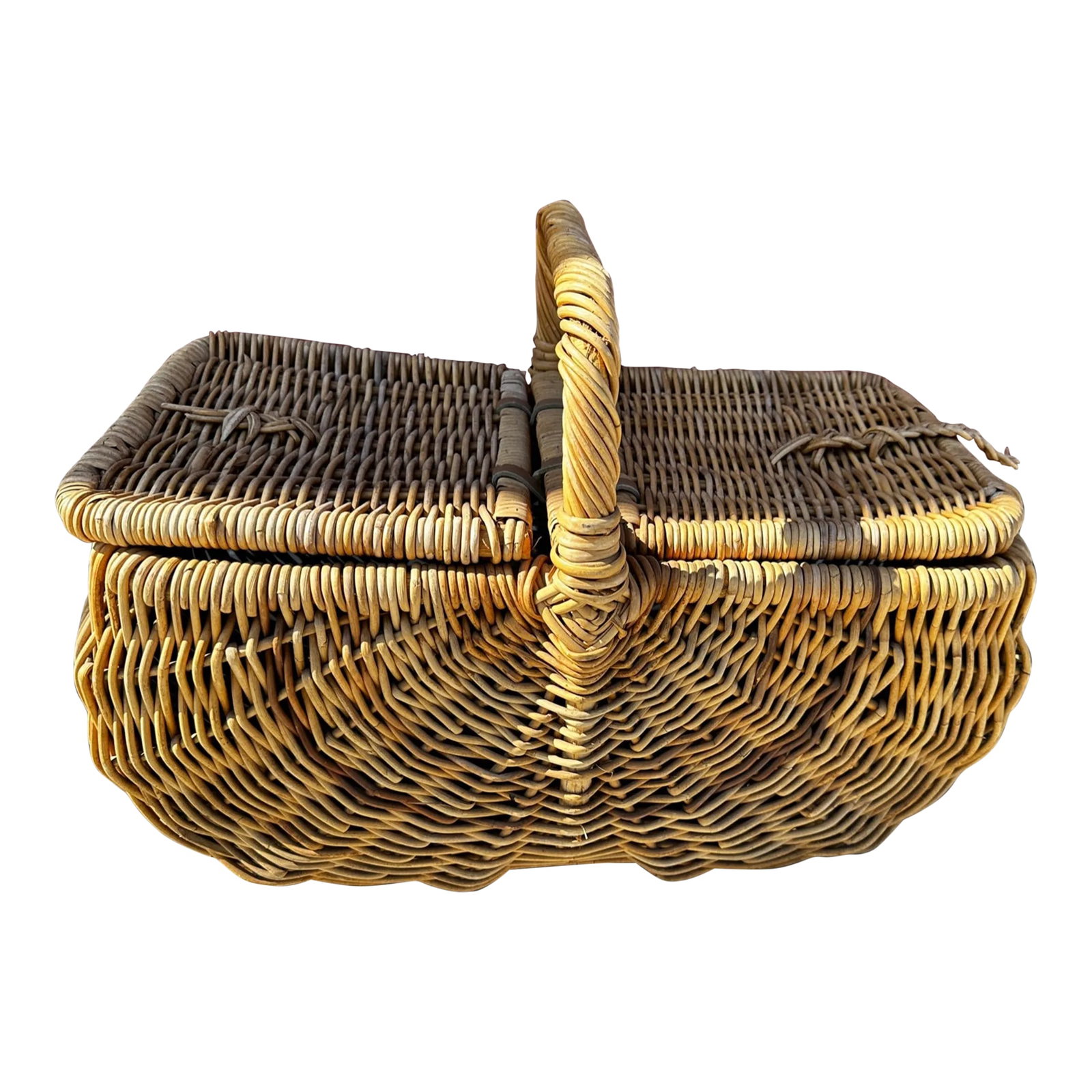 Vintage French Double Sided Picnic Basket: Rustic European Double Side Picnic Basket, Great for display or gathering up flowers or perfect for yarn. 25in w x 17in h to handle 11.5in h basket 15in d Make sure to follow me, I have flash sales fo