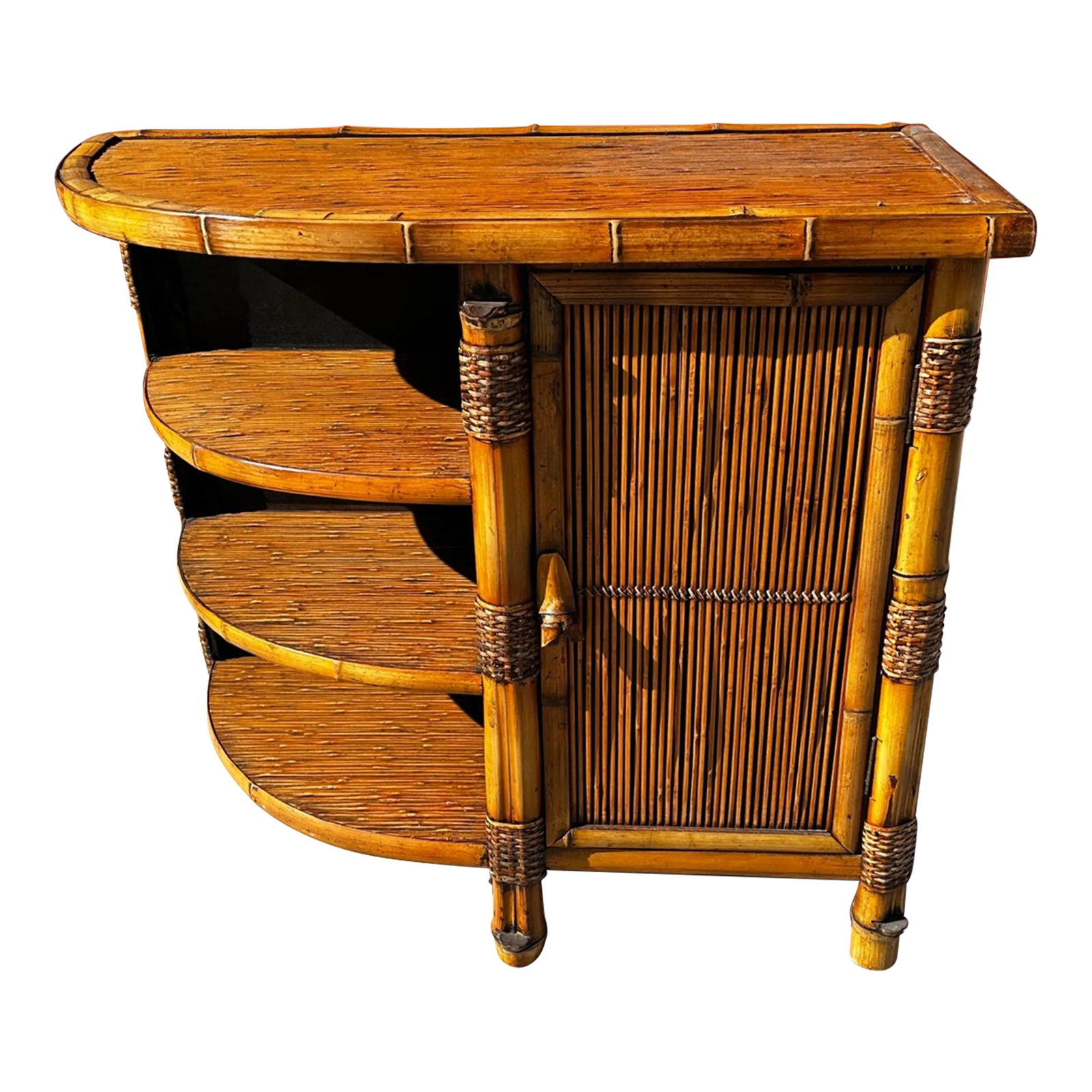 Vintage Bamboo 3 Shelf Cabinet: Vintage Bamboo 3 Shelf Cabinet with 2 shelves inside. Has a half moon shape on one side and cupboard on the other. Perfect for a small entryway or patio. I would have a piece of glass made to put on t