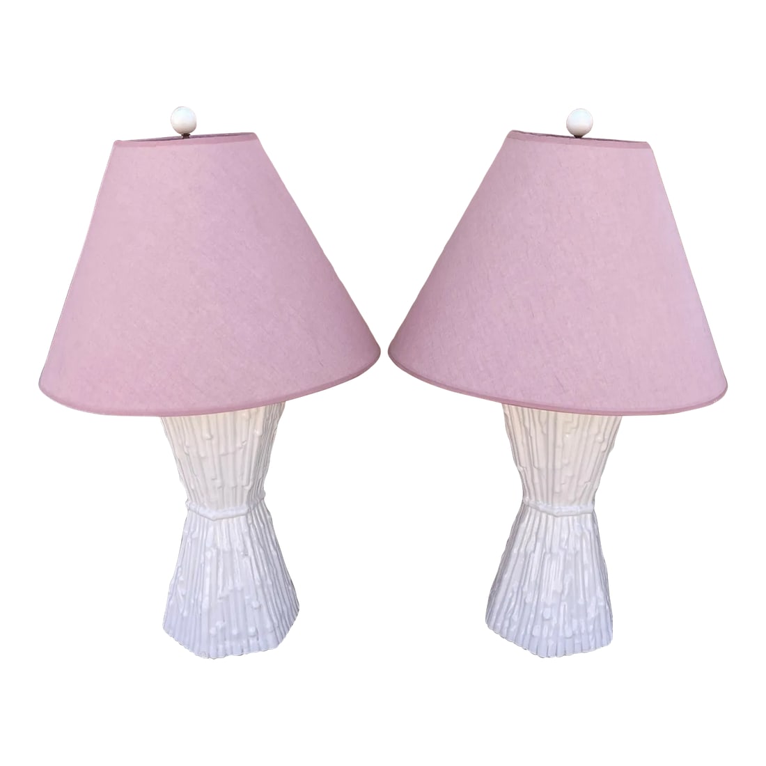 Pair of White Faux Bamboo Ceramic Table Lamps W/Shade: Beautiful Palm Beach style pair of White Ceramic Faux Bamboo Table Lamps with pink shades and white wood finials. You can update the shade to a bright green or black would look amazing. 21in h x 8.5 2