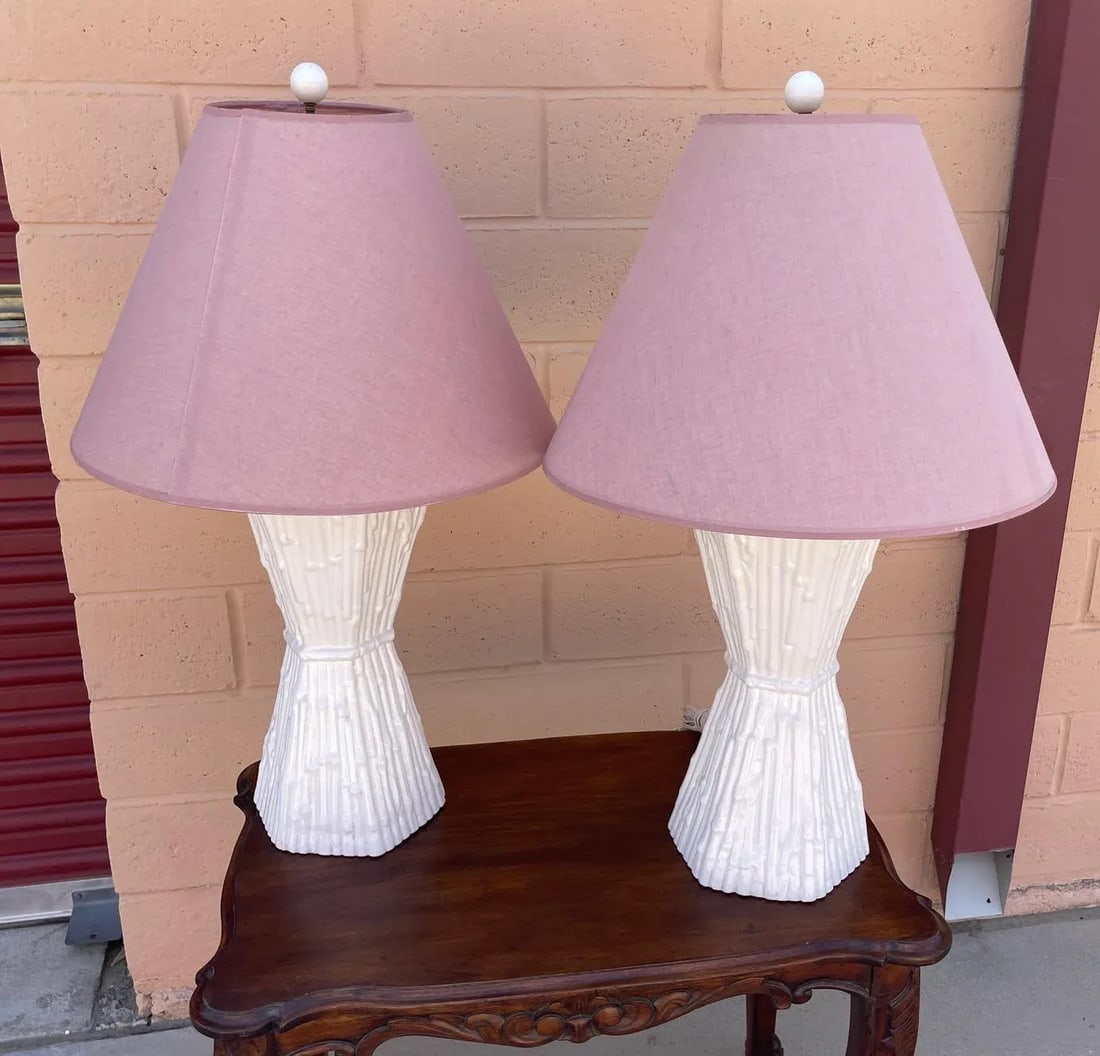 Pair of White Faux Bamboo Ceramic Table Lamps W/Shade - 2