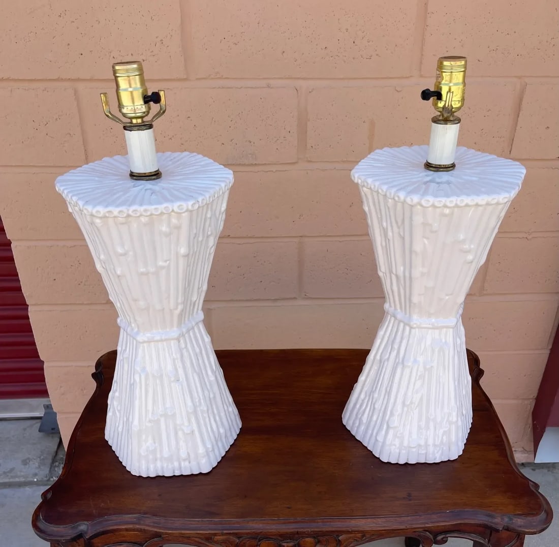 Pair of White Faux Bamboo Ceramic Table Lamps W/Shade - 3