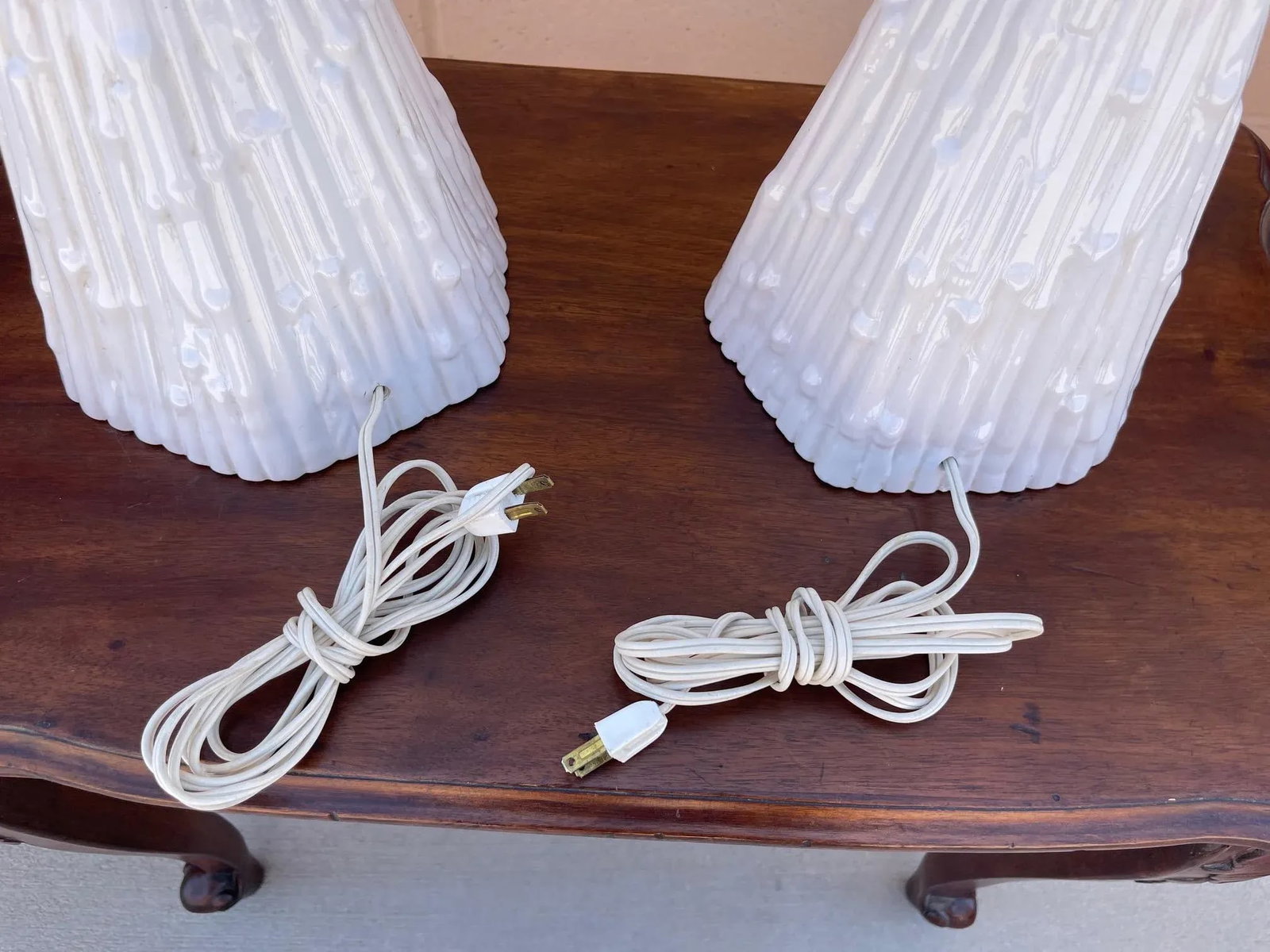 Pair of White Faux Bamboo Ceramic Table Lamps W/Shade - 6