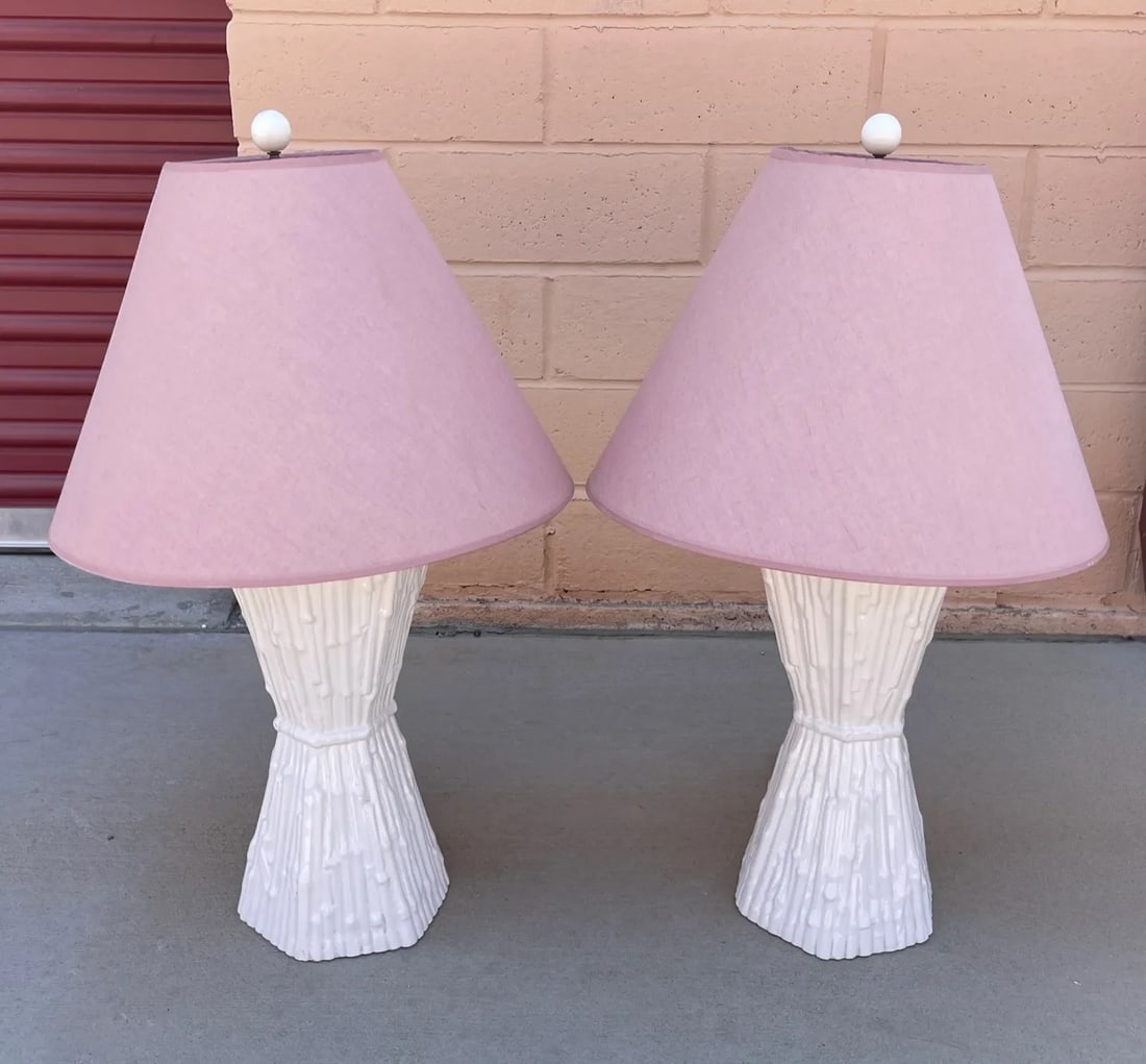 Pair of White Faux Bamboo Ceramic Table Lamps W/Shade - 8
