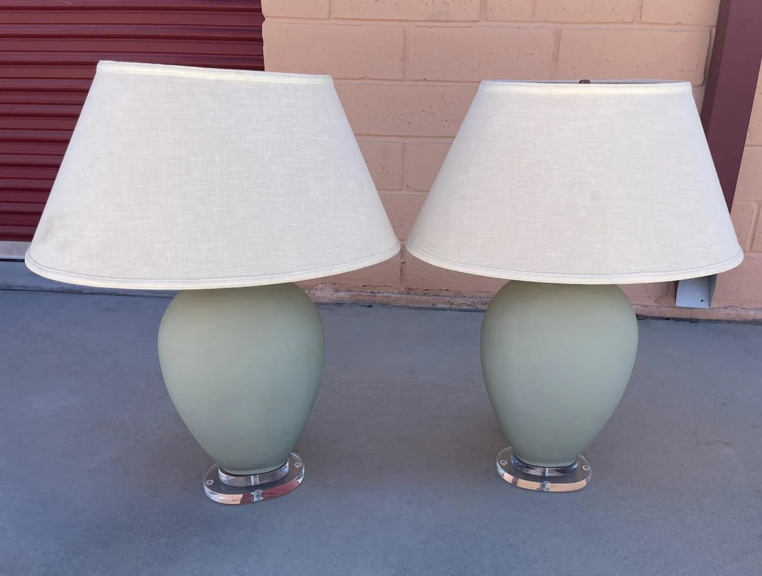 Vintage Pair Sage Green Matte Finish Ginger Jar Lamps - 11