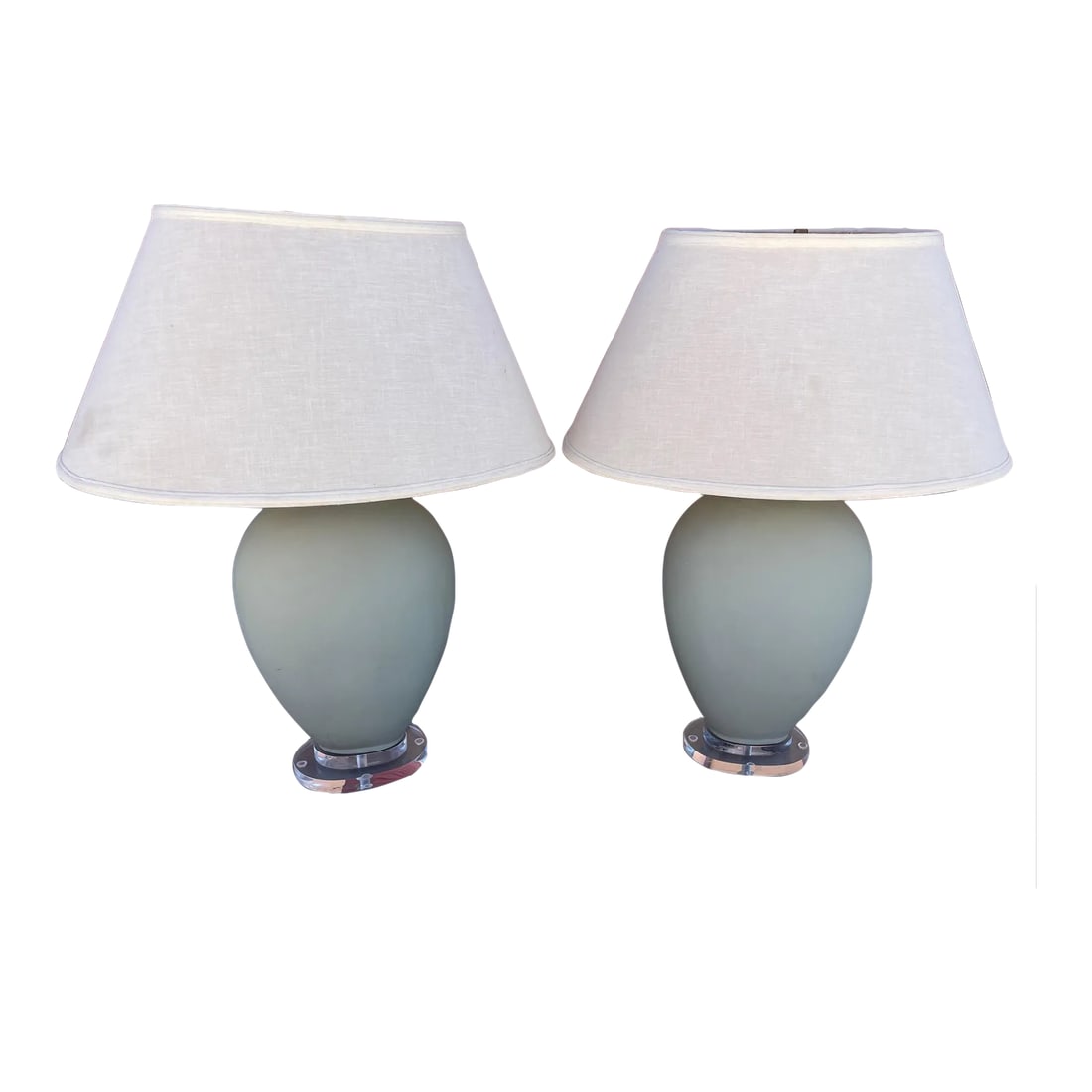 Vintage Pair Sage Green Matte Finish Ginger Jar Lamps: Vintage Sage Green Matte Finish Ginger Jar Lamps with Lucite Base and cream shades. Perfect color for a Farmhouse decor or change up the shades to a bright white and go more modern. 21.5in h x 10in w 