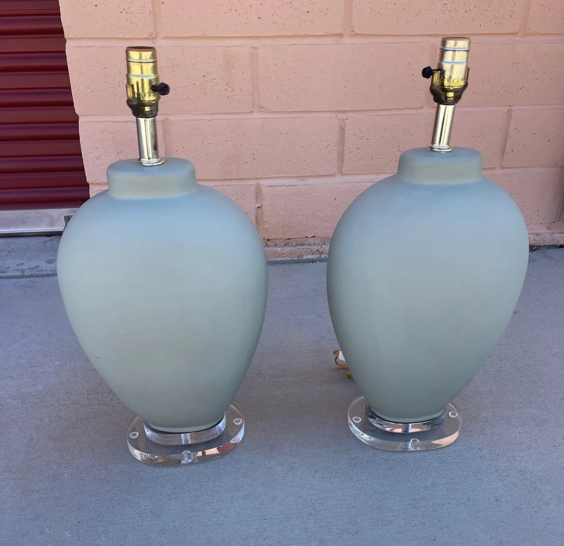 Vintage Pair Sage Green Matte Finish Ginger Jar Lamps - 2