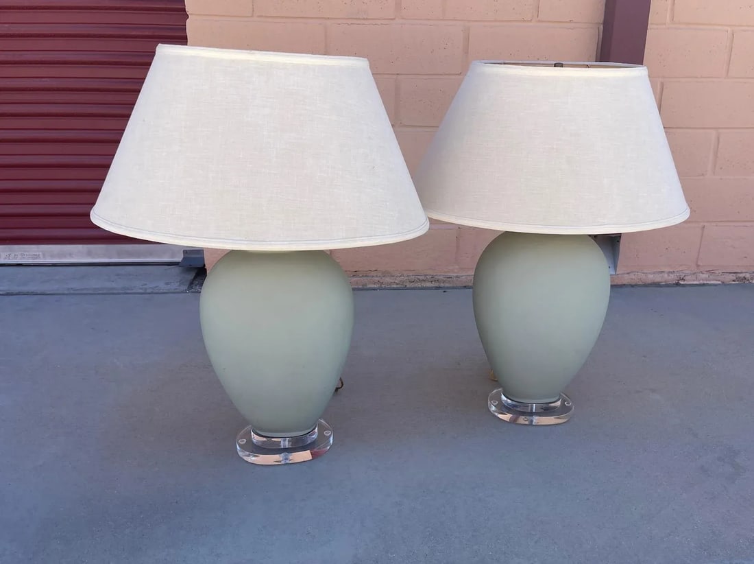 Vintage Pair Sage Green Matte Finish Ginger Jar Lamps - 3