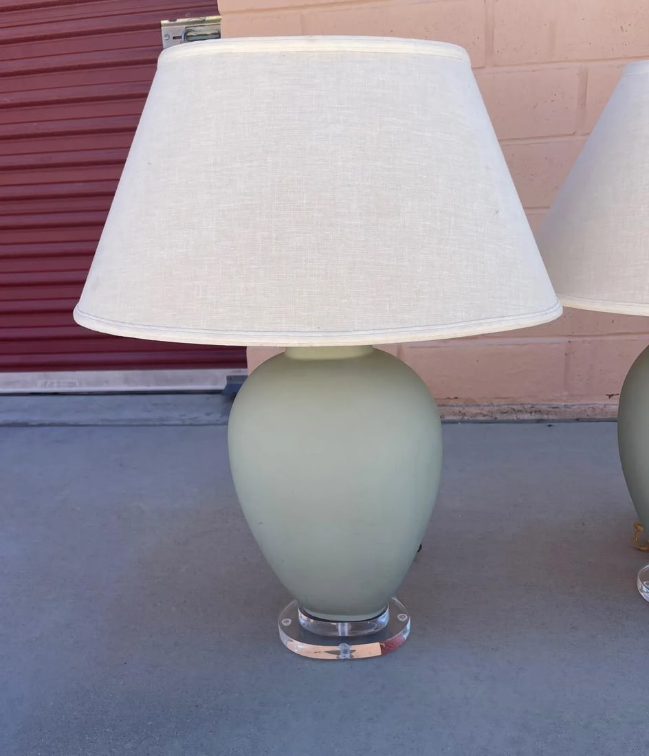 Vintage Pair Sage Green Matte Finish Ginger Jar Lamps - 4
