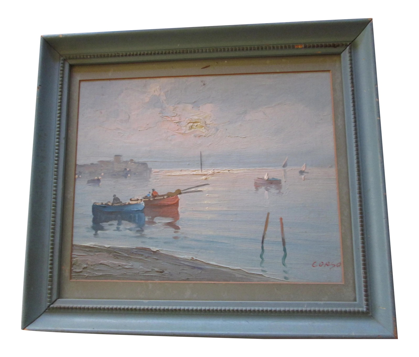 Seascape Painting in Vintage Pastels Oil or Acrylic, Signed Corso: CORRECTION TO SHIPPING TIME, THIS IS SELLER SHIPPING, ARRIVAL TIME IS 4-10 DAYS FROM PURCHASE DATE. Lovely texture with this signed Corso seascape. Early 20th century. So skillful and pleasant, would