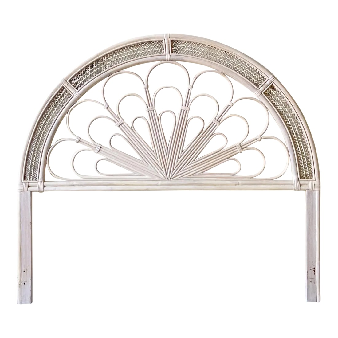 Boho Chic Bamboo Rattan White Washed Queen Headboard: Incredible vintage bohemian queen size headboard. Features an arched bamboo frame with rattan and weaving throughout. Condition: Alterations: Original Condition Unaltered Imperfections: Some Imperfect