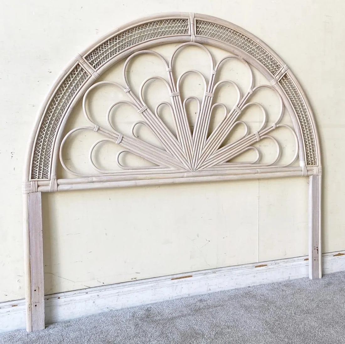 Boho Chic Bamboo Rattan White Washed Queen Headboard - 2