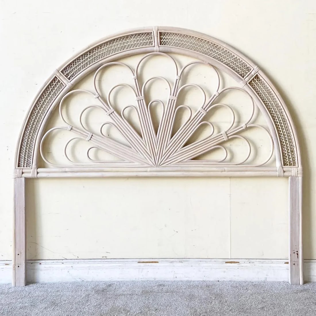 Boho Chic Bamboo Rattan White Washed Queen Headboard - 6