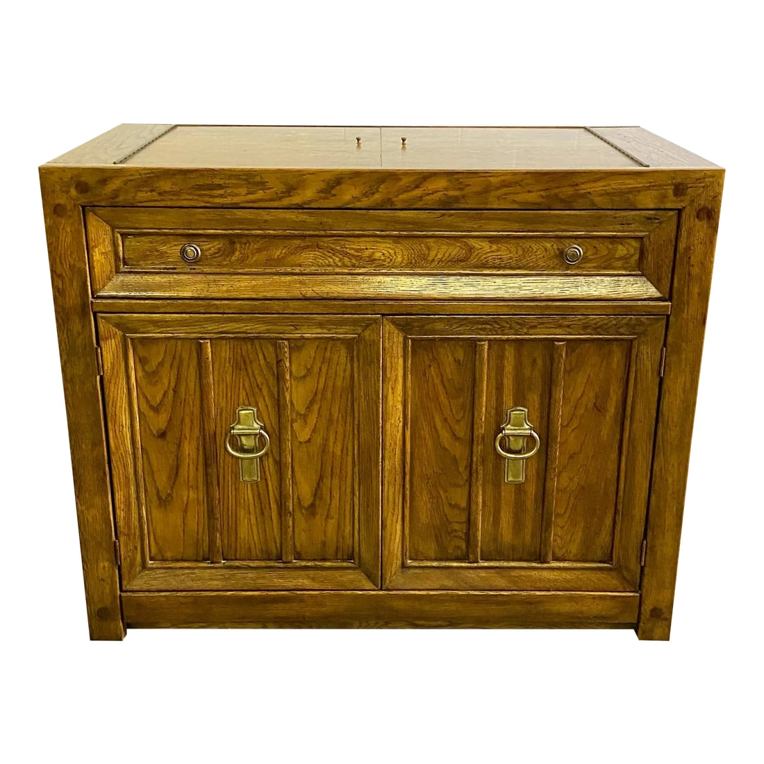 Vintage Campaign Style American of Martinsville Flip Top Rolling Server Dry Bar: This is a beautiful and rustic vintage Campaign style flip-top server or dry bar on castors, by American of Martinsville. It features a wide dovetailed drawer, large internal cabinet space, flip-top,