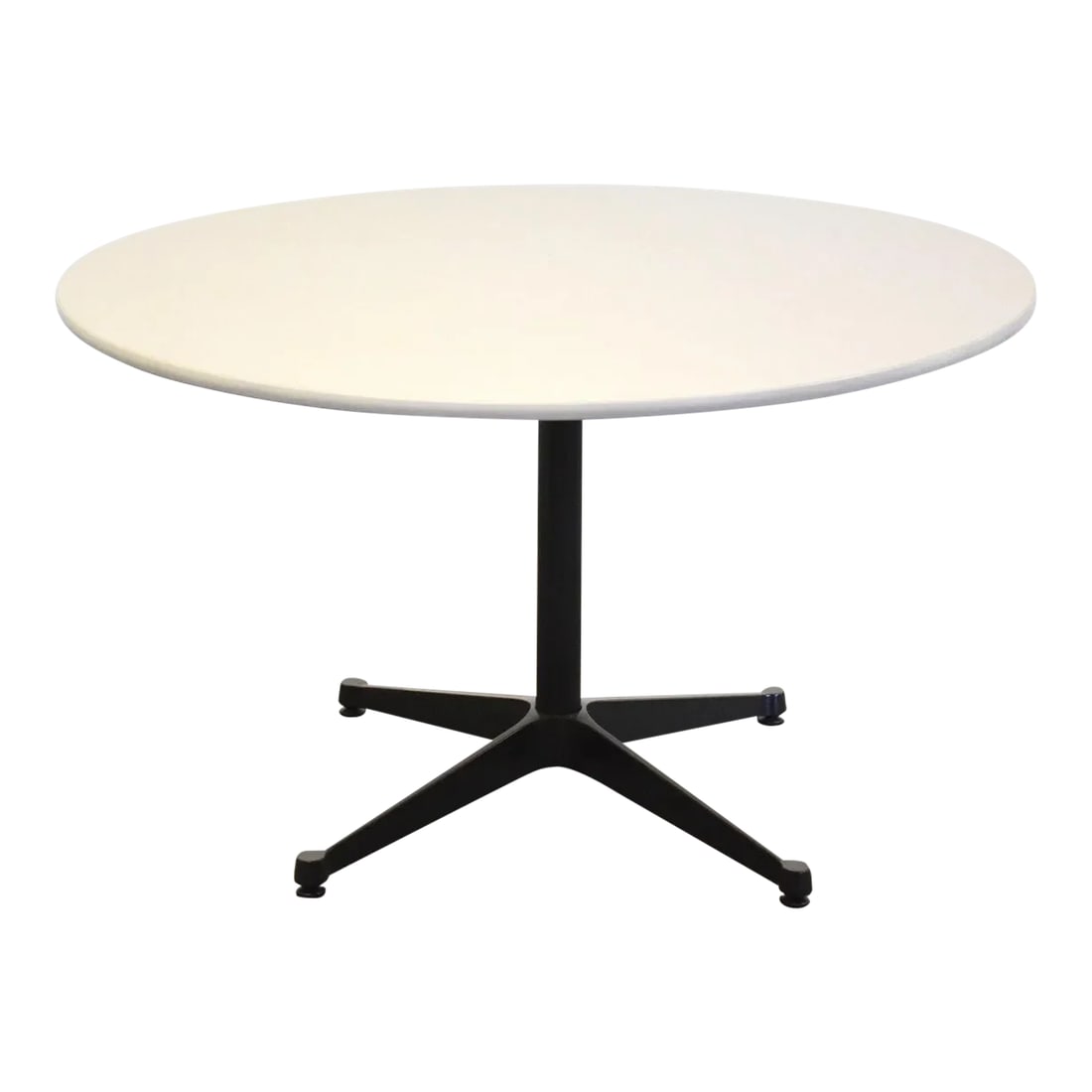 Eames for Herman Miller 48" Round Dining Table: Originally designed in 1964 by Charles and Ray Eames for Herman Miller, this mid century modern round dining table has a light grey top, slightly used. Minor mark in the middle of table. 48"
