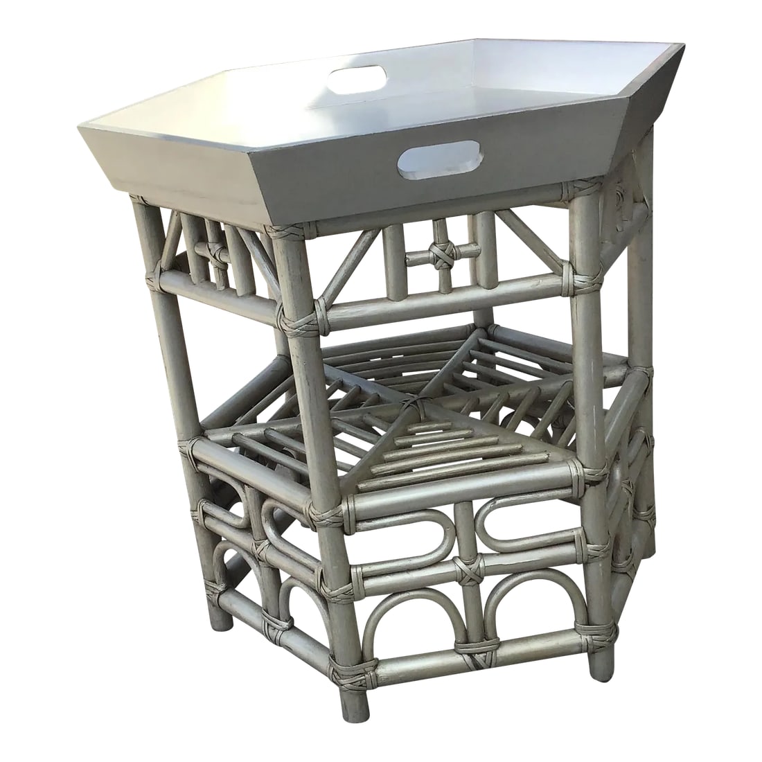 1980s Chinoiserie Tray Table: Love the convenience of this lift off hexagon tray, perfect for entertaining. The hexagon shape, makes it easy to walk around or placed between a sofa arm and a chair arm. The 26" height is perfect fo