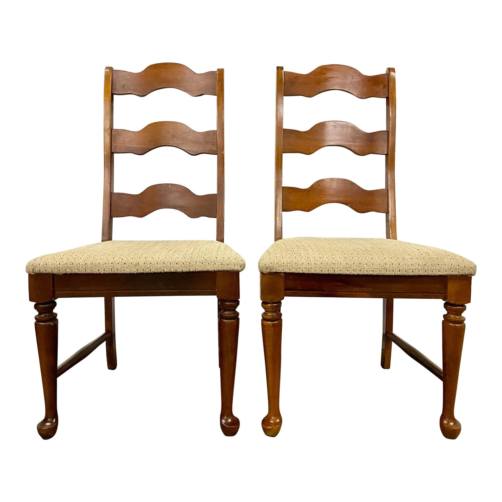 Vintage Broyhill French Style Ladderback Dining Chairs - Pair: This is a gorgeous pair of vintage Broyhill French style Ladderback dining chairs with cabriole legs. Solid and sturdy, with minor cosmetic imperfections consistent with age, especially to the