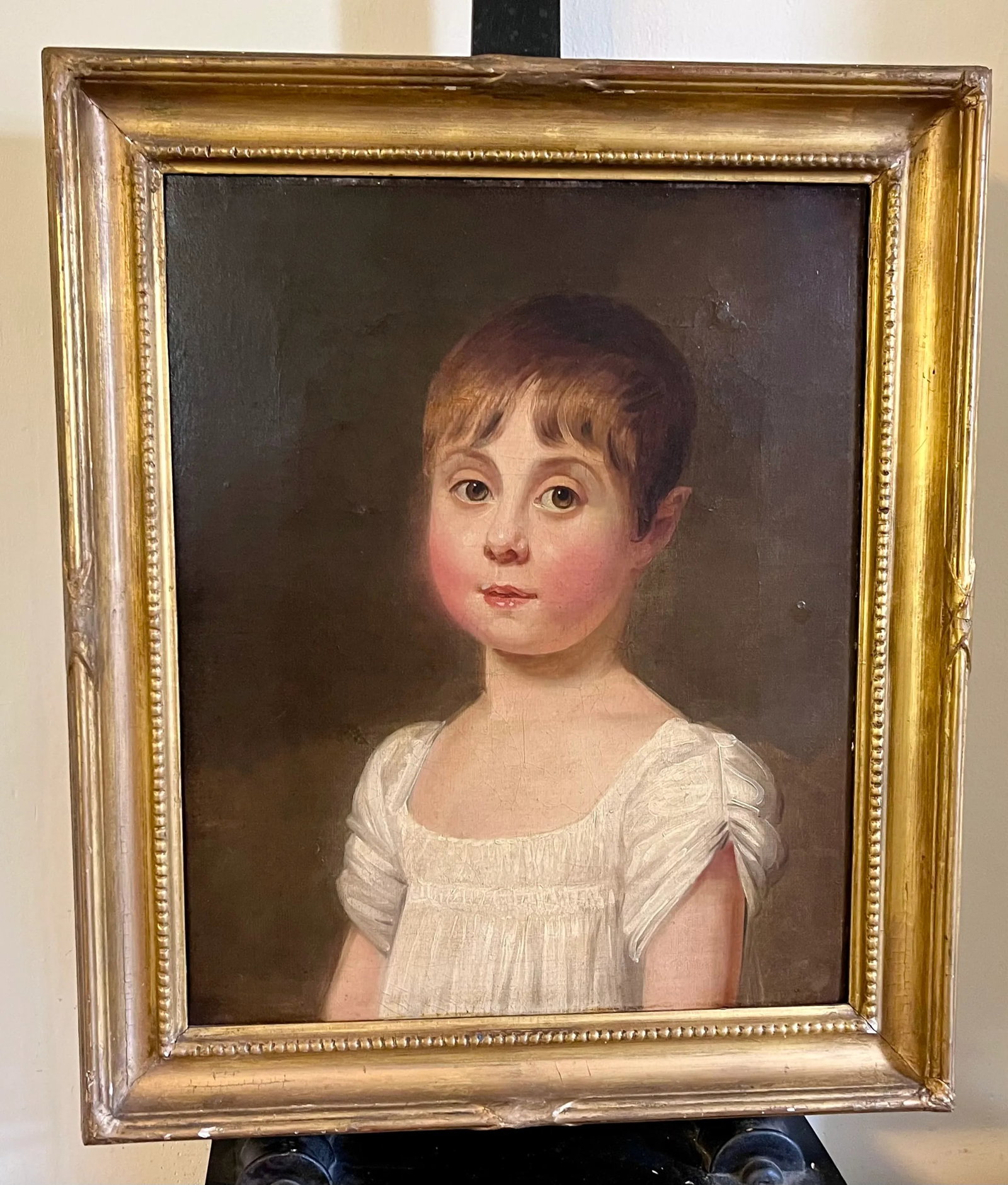 Antique Early 19th Century American Oil Painting on Canvas Portrait of a Young Girl in Original Gilt - 4