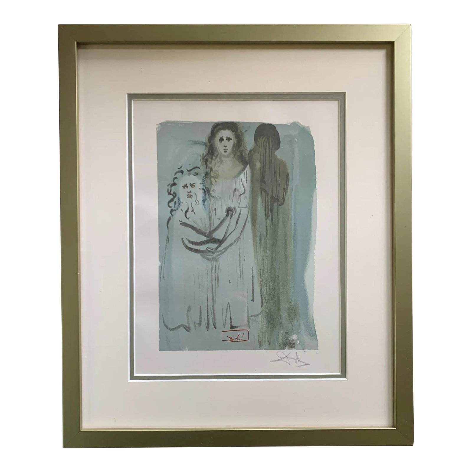 Vintage 1960 Original Watercolor "The Divine Comedy "Purgatory Canto 16 " by Salvador Dali: Original watercolor "PURGATORY CANTO 16 (THE DIVINE COMEDY)" signed by Salvador Dali. Framed in double mat gold wood frame. Condition: Alterations: Original Condition Unaltered Imperfections: Some Imp