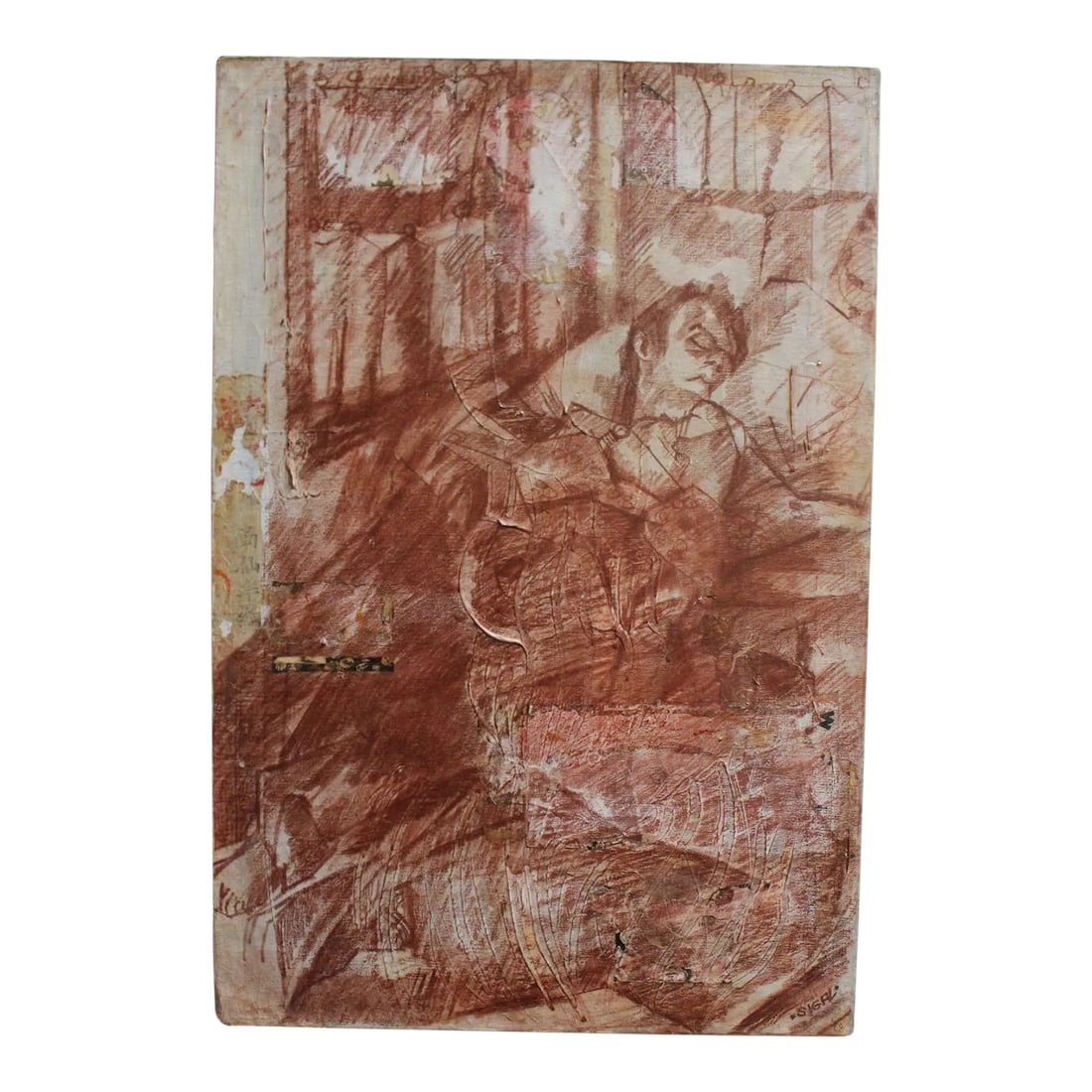 Mixed Media Portrait on Canvas by Ek Sigal: Mixed Media on canvas by EK Sigal (American,1968). Composed of oil pastel, gesso, and paper collage. Lower left corner of canvas shows wear; overall, good vintage condition. H: 30" x L: 20" x D: