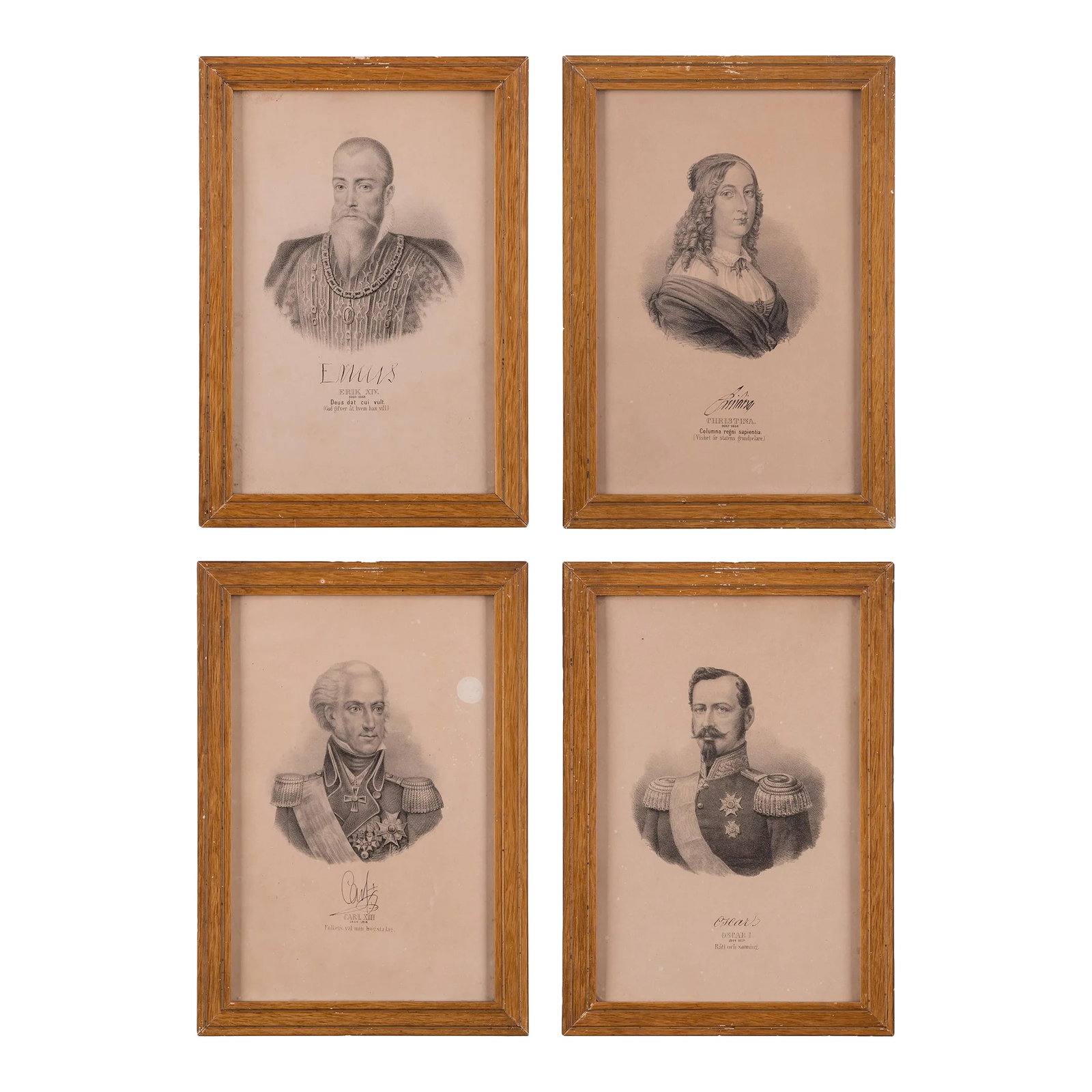 Swedish Monarchs - Set of 4 Lithographs: A set of 4 lithographs depicting the Swedish Monarchs, Erik XIV, Christina, Carl XIII and Oscar I, circa 1900. sight: 6 1/2 by 10 1/4 inches frame: 8 3/8 by 12 inches Condition: Alterations: Original