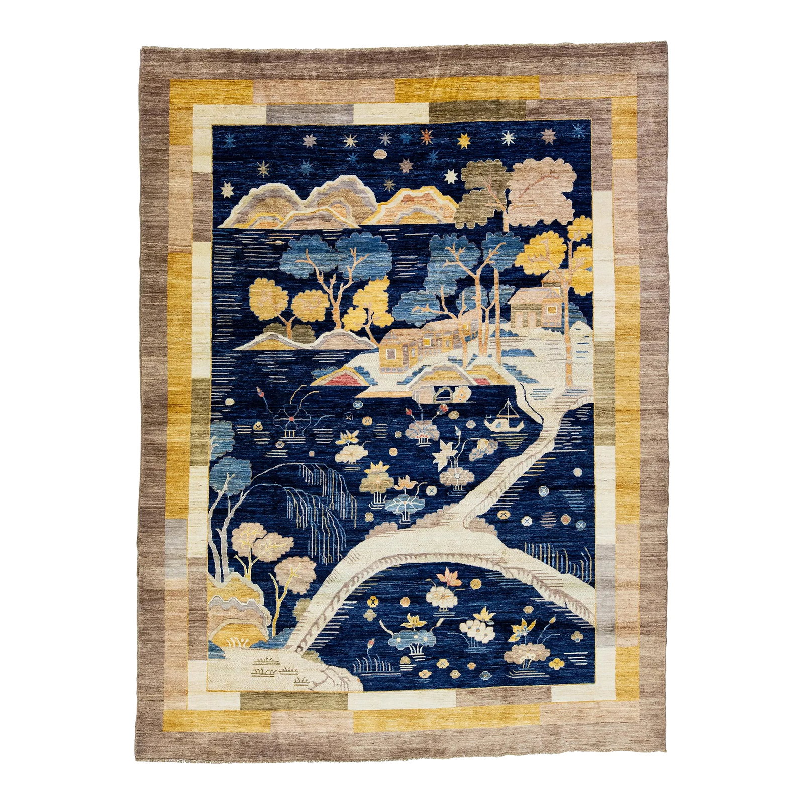 2010s Modern Pictorial Designed Chinese Art Deco Style Wool Rug in Navy Blue: This hand-knotted wool rug showcases an exquisite Modern Art Deco design with a rich navy blue field accentuated by a broad goldenrod and brown frame. The intricate Chinese-style elements are beautifu