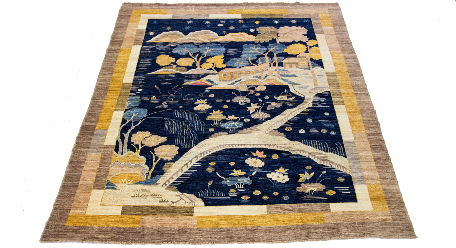 2010s Modern Pictorial Designed Chinese Art Deco Style Wool Rug in Navy Blue - 3