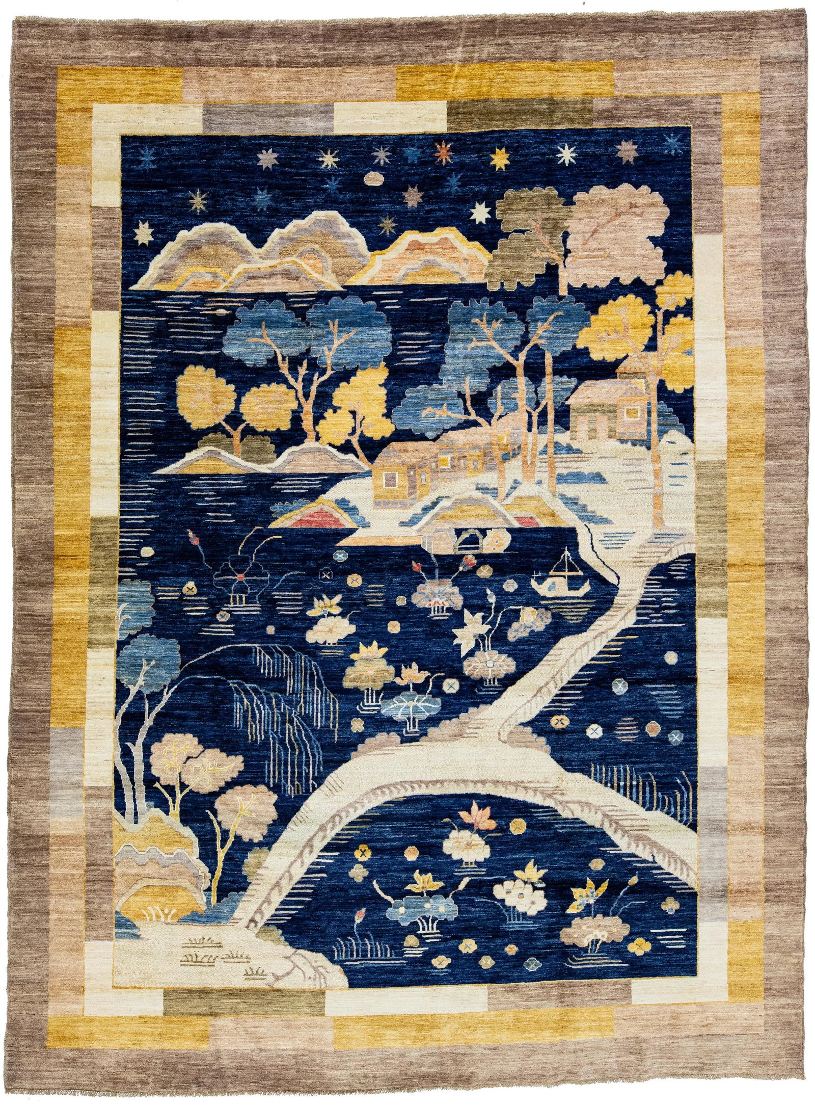 2010s Modern Pictorial Designed Chinese Art Deco Style Wool Rug in Navy Blue - 7