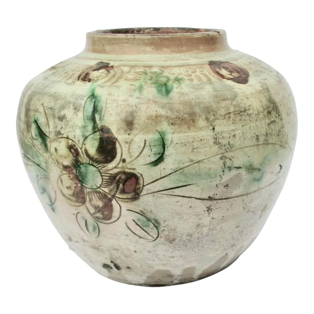 Joseon Dynasty Storage Jar Antique Ceramic Circa 18th Century: Joseon Dynasty, antique storage jar from Korea, circa 18th century. Built with broad shoulders and a wide bottom suggests a domestic use for this jar. Wide and low design with Korean celadon glaze, hi