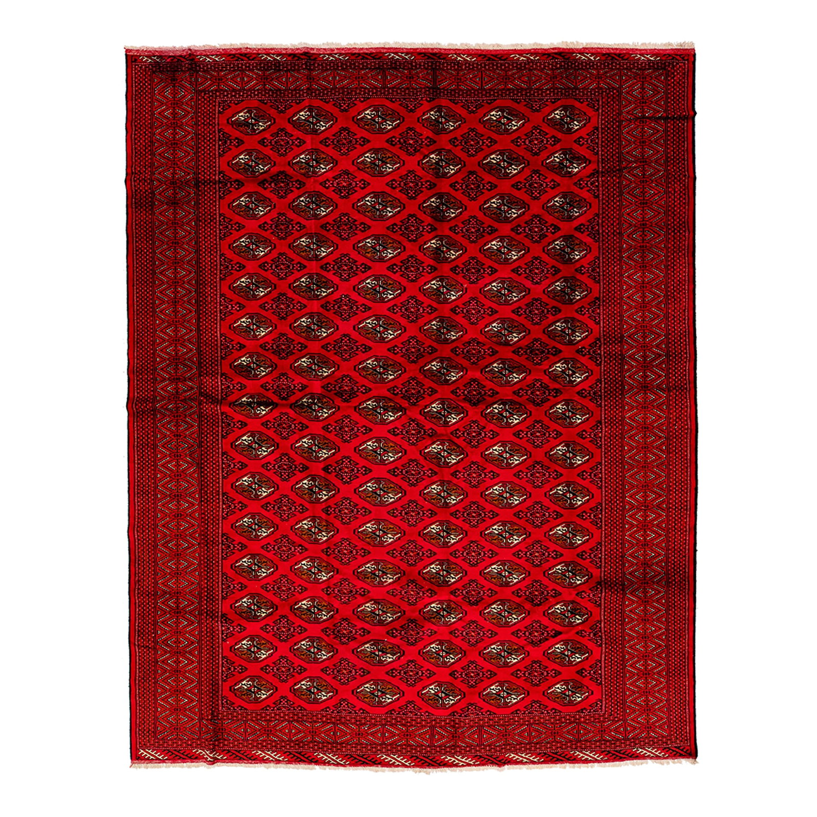 1960s Red 1960s Handmade Persian Wool Rug With Geometric Motif: A beautiful vintage Turkmen rug with a red field, and multi-color accents in an all-over geometric design. This rug measures 9'7'' X 12'1'. Condition: Alterations: Original Condition Unaltered