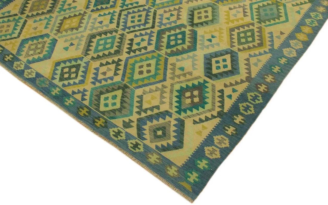 Contemporary Tribal Blue/Tan Hand-Woven Kilim Wool Rug -8'5 X 11'6 - 4