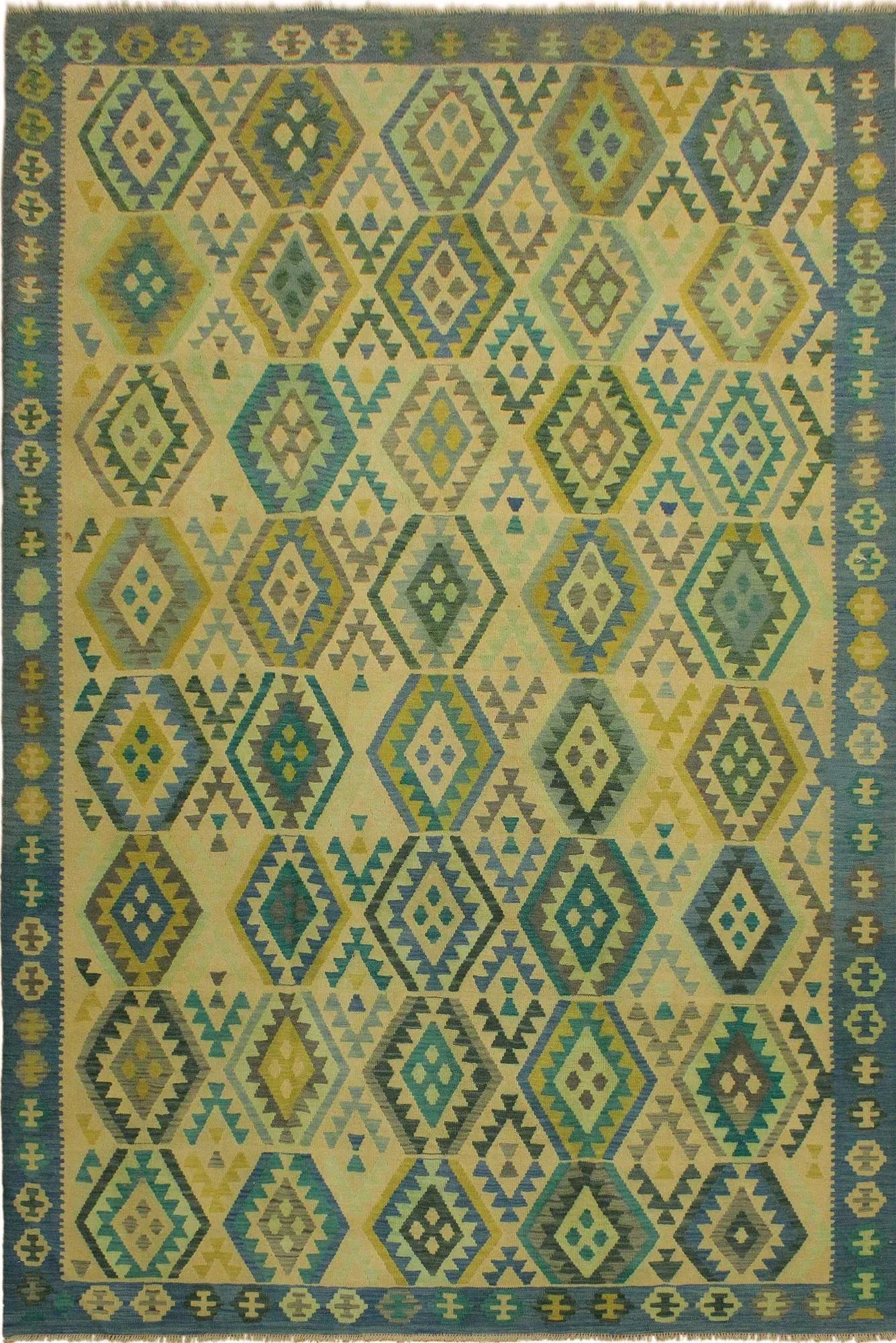 Contemporary Tribal Blue/Tan Hand-Woven Kilim Wool Rug -8'5 X 11'6 - 8
