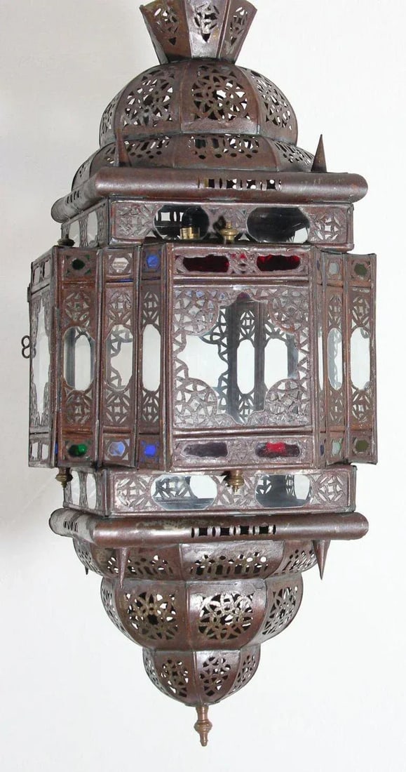 Vintage Moroccan Handcrafted Lantern Ceiling Light With Multi-Color Glass - 10