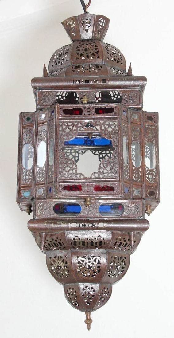 Vintage Moroccan Handcrafted Lantern Ceiling Light With Multi-Color Glass - 11