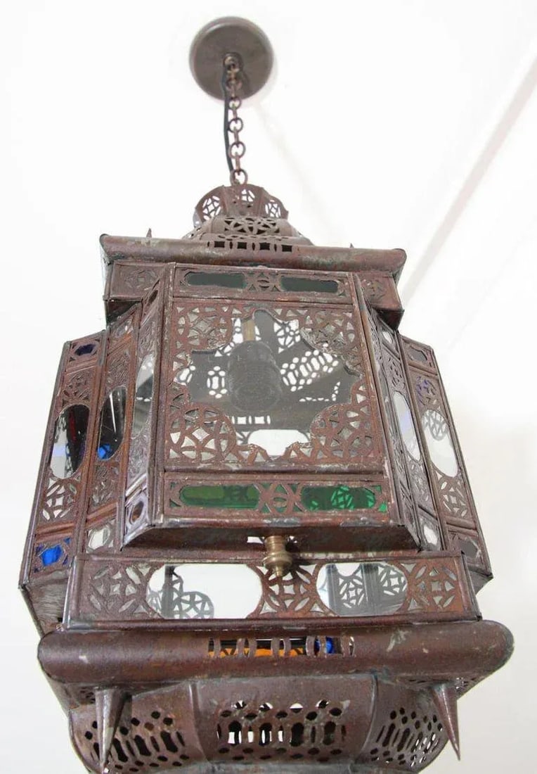 Vintage Moroccan Handcrafted Lantern Ceiling Light With Multi-Color Glass - 12