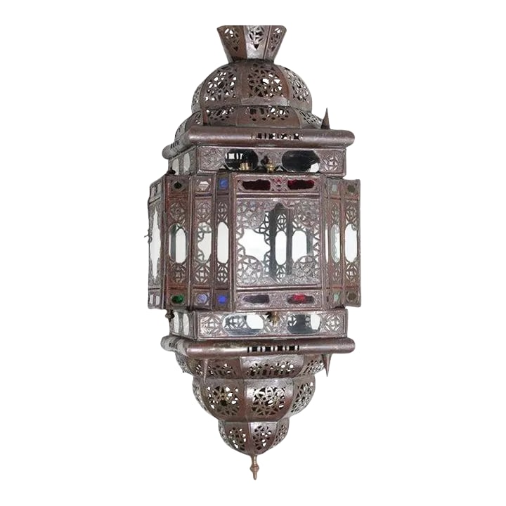 Vintage Moroccan Handcrafted Lantern Ceiling Light With Multi-Color Glass: Vintage Moroccan Handcrafted Light Fixture with Multi-Color Glass Stylish handcrafted Moroccan pendant with multi-color hand blown cut glass and metal with an antique bronze finish. Moorish style ceil