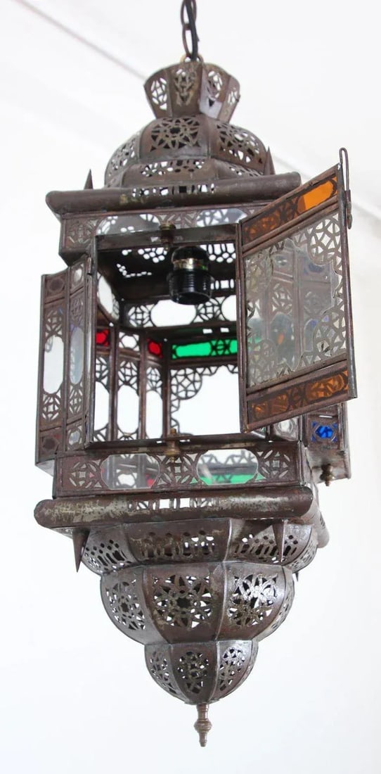 Vintage Moroccan Handcrafted Lantern Ceiling Light With Multi-Color Glass - 2