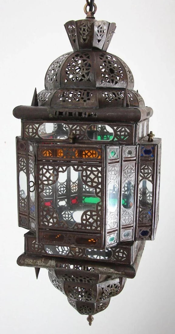 Vintage Moroccan Handcrafted Lantern Ceiling Light With Multi-Color Glass - 3