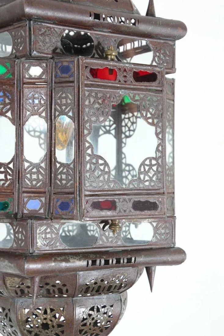 Vintage Moroccan Handcrafted Lantern Ceiling Light With Multi-Color Glass - 5