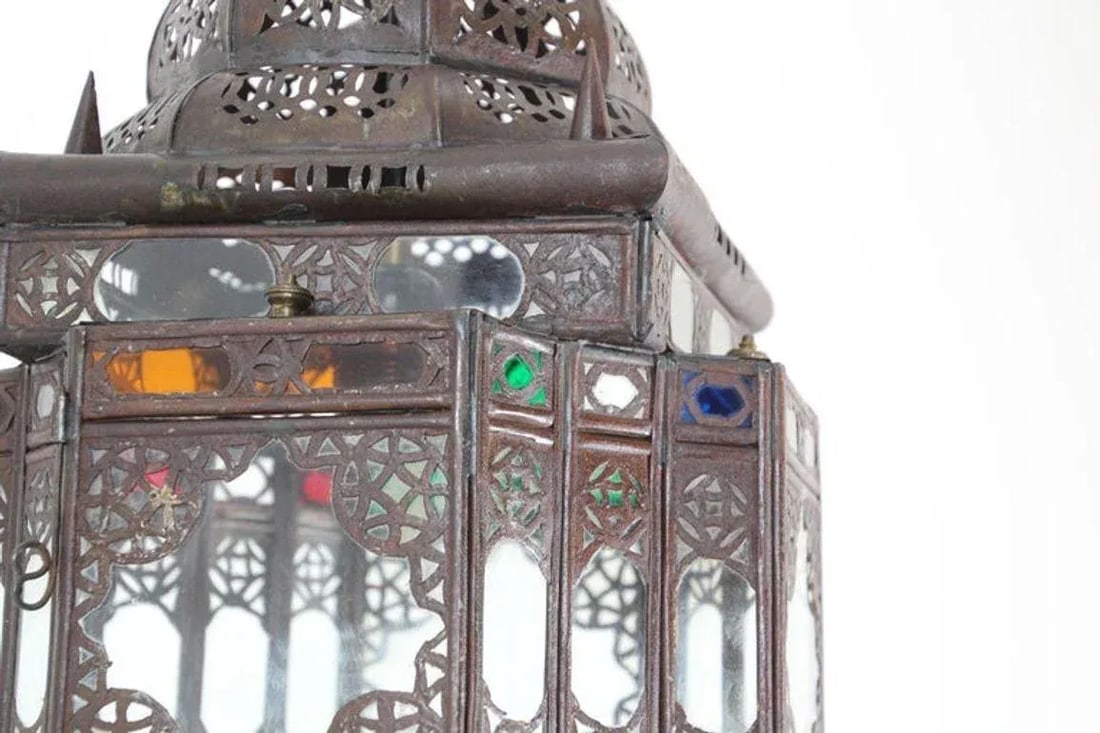 Vintage Moroccan Handcrafted Lantern Ceiling Light With Multi-Color Glass - 7
