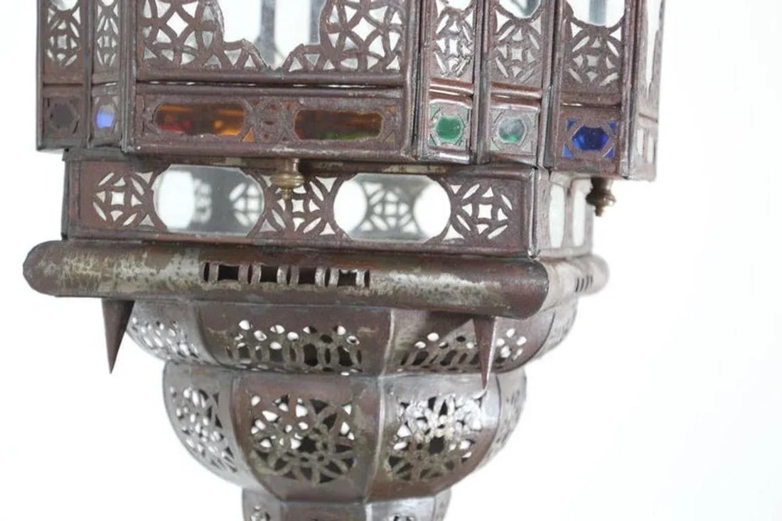 Vintage Moroccan Handcrafted Lantern Ceiling Light With Multi-Color Glass - 8