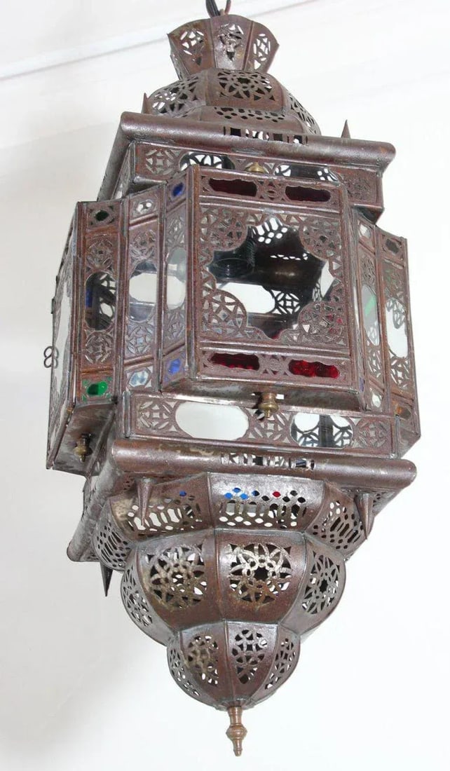 Vintage Moroccan Handcrafted Lantern Ceiling Light With Multi-Color Glass - 9