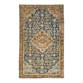 Medallion Antique Persian Hamadan Wool Rug in Blue