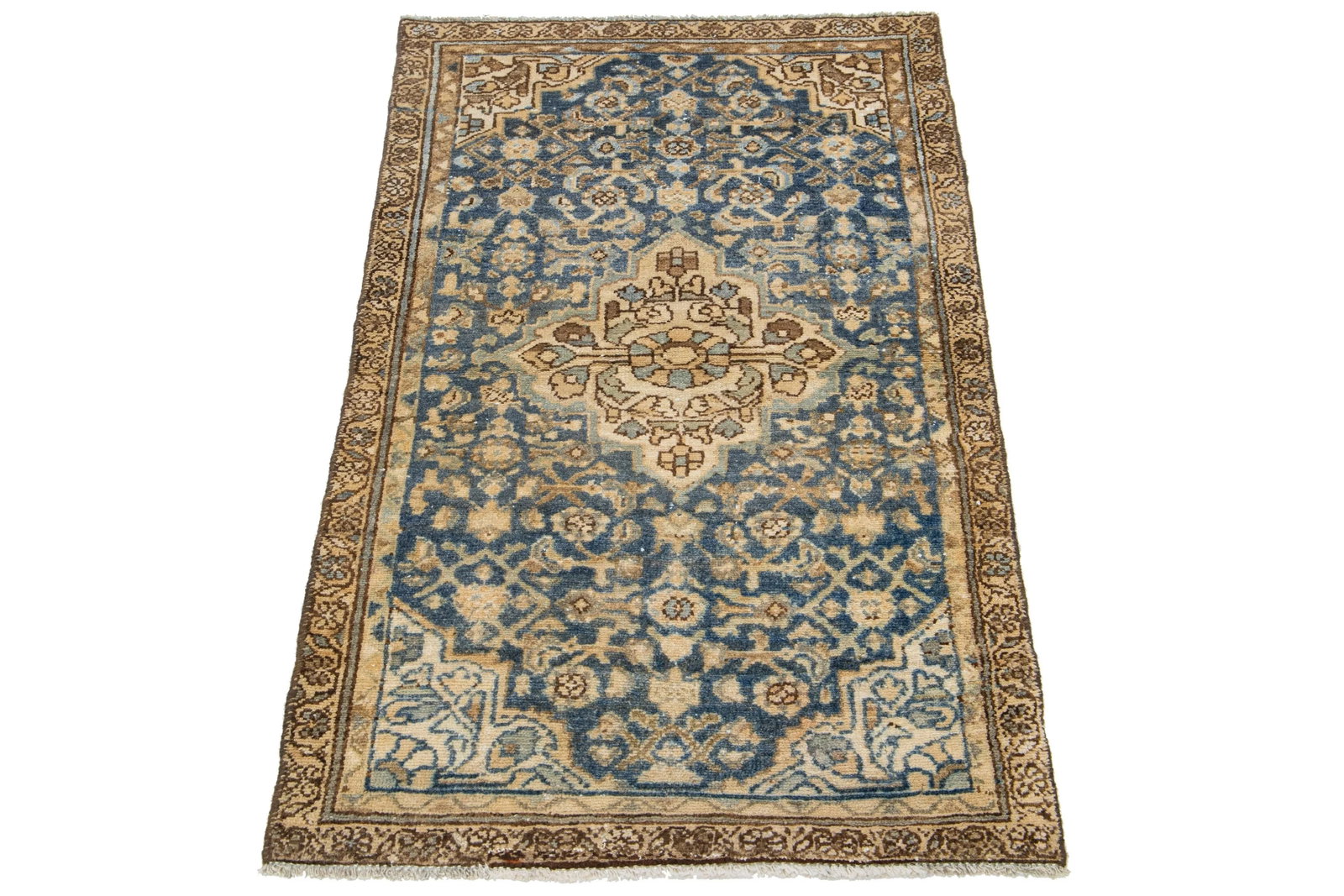 Medallion Antique Persian Hamadan Wool Rug in Blue - 2