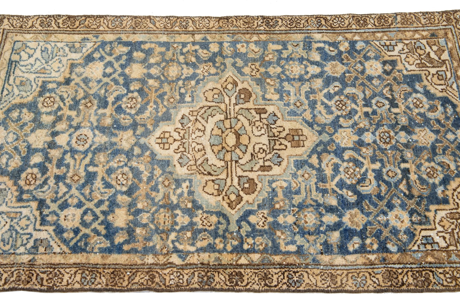 Medallion Antique Persian Hamadan Wool Rug in Blue - 4